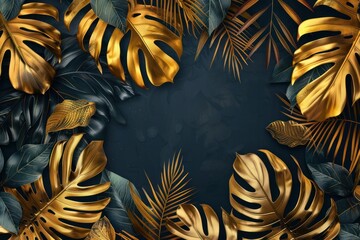 vegetal popular glamor background framed with golden tropical leaves retro vintage minimal luxury
