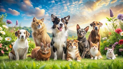 Obraz premium Adorable Diverse Group of Pets Surrounded by Colorful Flowers