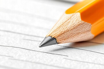 A hyper-realistic close-up of a sharpened yellow pencil resting on a sheet of lined notebook paper, with intricate details of wood grains and graphite