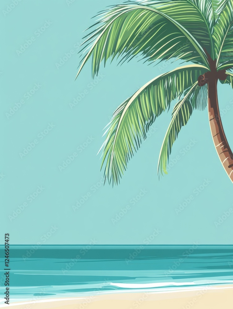 Poster tropical beach with coconut palm tree and turquoise water in a minimalist setting perfect for relaxa