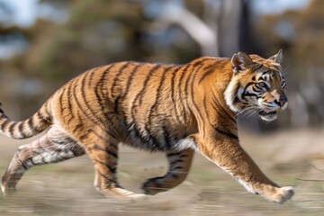 Obraz premium Close-up of Tasmanian Tiger prowling forward with intense focus, displaying distinctive stripe pattern and muscular form in natural habitat, evoking power and predatory nature of extinct species.