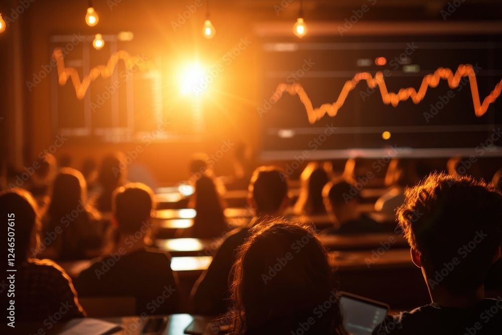 Poster a group of students attentively listens to a presentation, illuminated by a warm light, with a graph