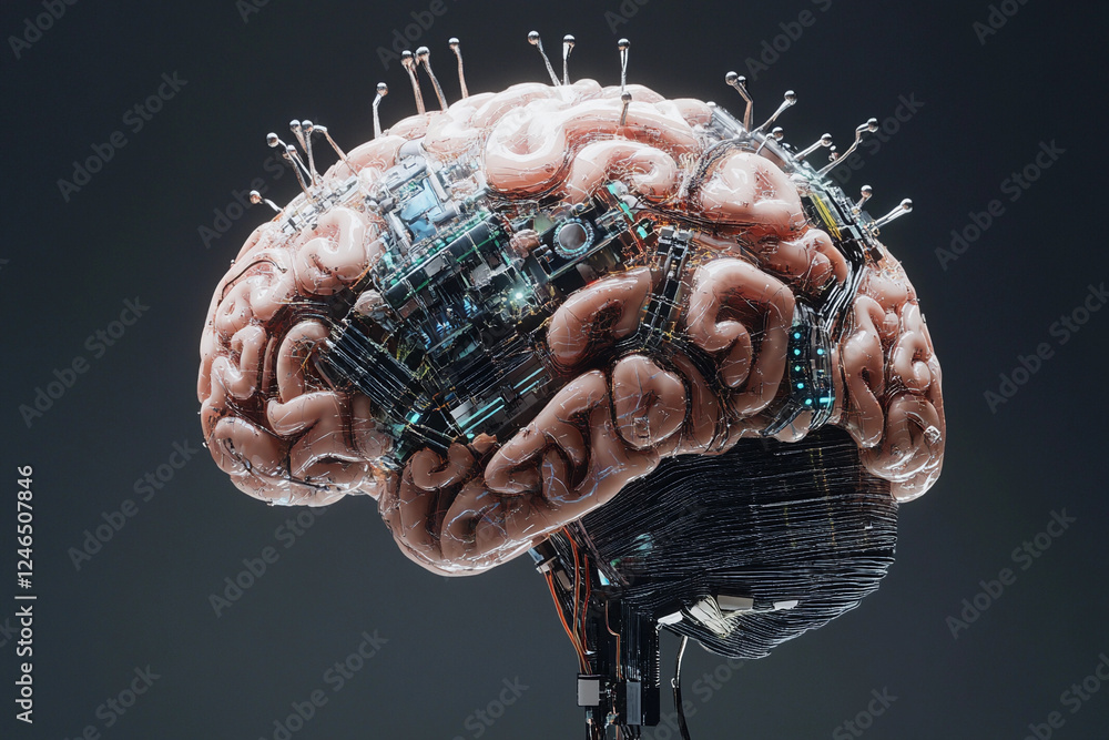 Fototapete futuristic brain design featuring circuit board elements merging technology with organic structure
