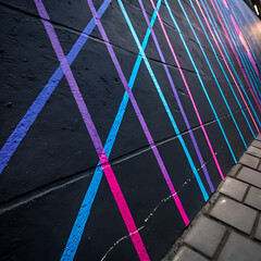 Abstract neon lines on a black wall, modern urban street art with colorful geometric patterns in blue, pink, and purple