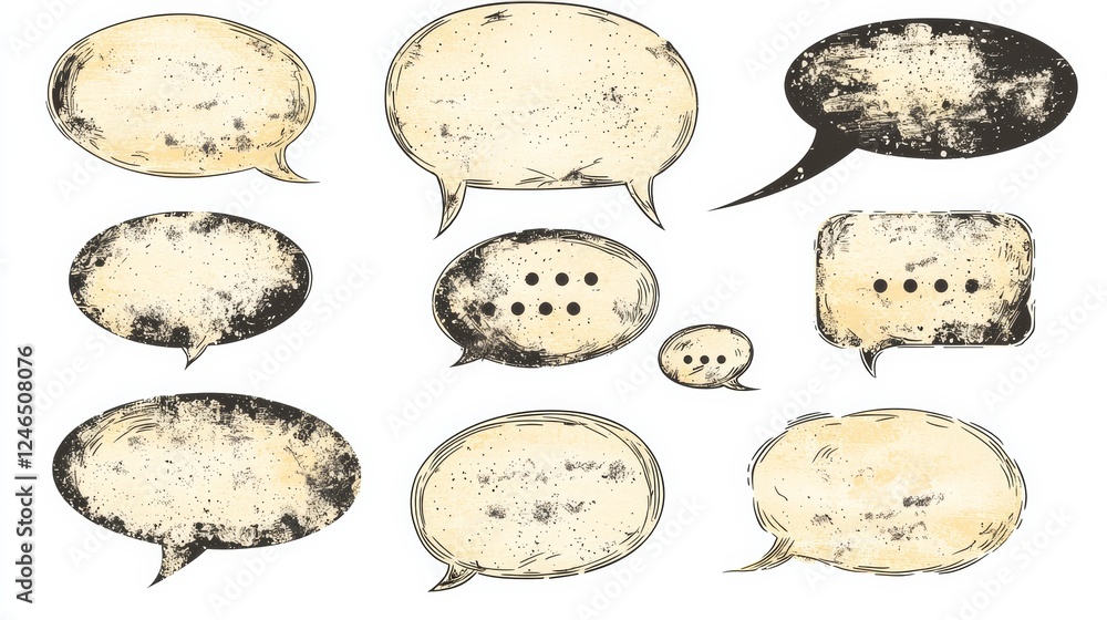Poster a collection of vintage-style speech bubbles in various shapes and sizes, featuring a worn texture a