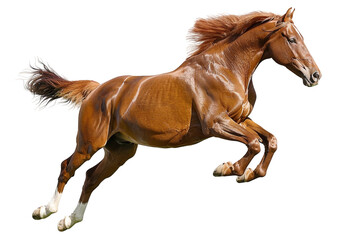 Obraz premium Athletic Chestnut Horse Jumping Over Fence Isolated on Transparent Background