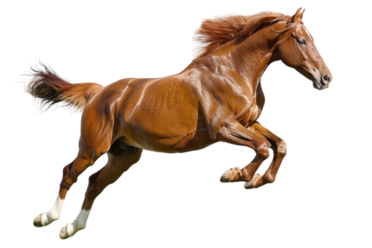 Athletic Chestnut Horse Jumping Over Fence Isolated on Transparent Background