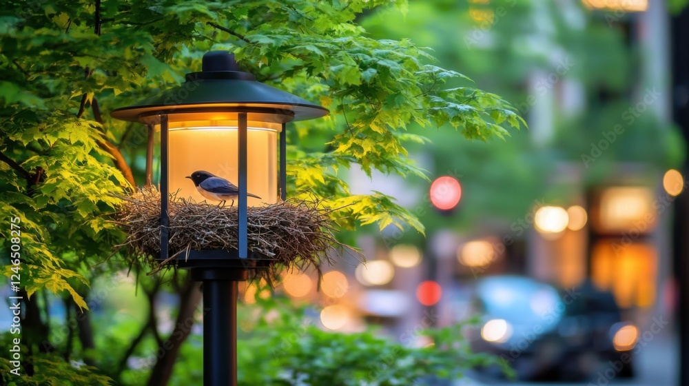 Poster bird nesting inside lantern surrounded by greenery and bokeh lights