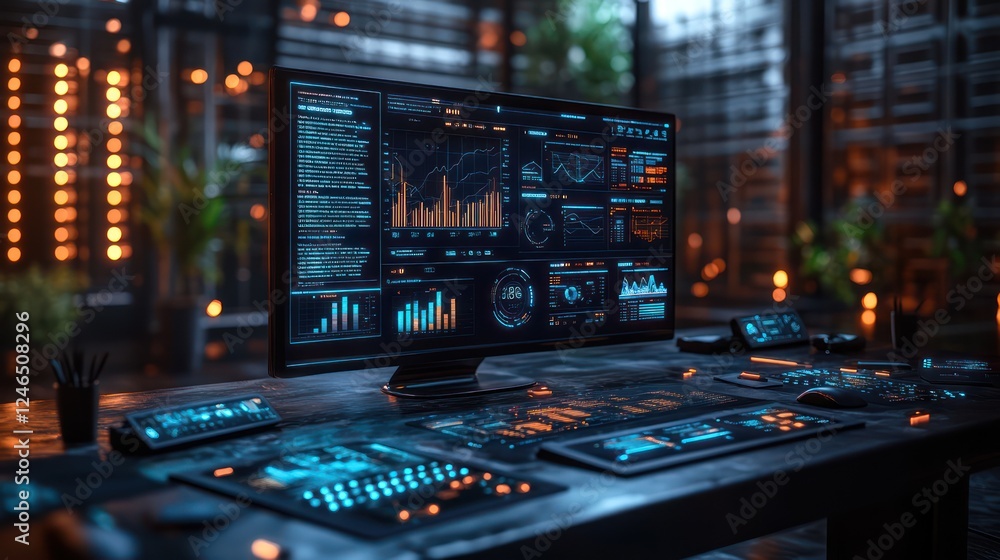 Aufkleber futuristic tech workspace: cyberpunk workstation with advanced data displays