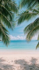 Obraz premium Experience the tranquility of a sunny tropical beach with golden sands, clear blue waters, and swaying palm trees inviting relaxation