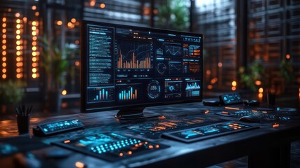 Obraz premium Futuristic Tech Workspace: Cyberpunk Workstation with Advanced Data Displays