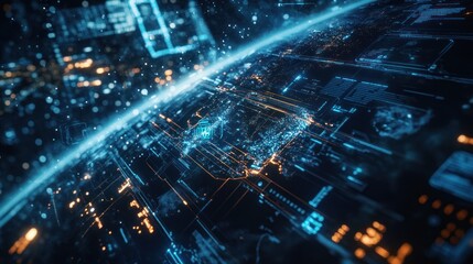 A satellite defense system scanning Earth's surface, detecting potential threats with high-tech AI surveillance and holographic war maps. Photorealistic 4K photography.