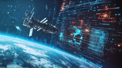A satellite defense system scanning Earth's surface, detecting potential threats with high-tech AI surveillance and holographic war maps. Photorealistic 4K photography.