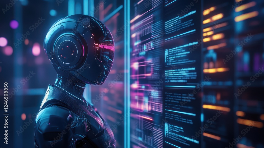 Poster futuristic robot analyzing digital data on a large screen.