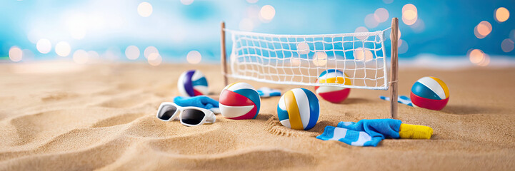 Obraz premium Beach Volleyball Fun Summer Vacation Scene with Volleyballs Net Sunglasses and Towels on Sandy Beach