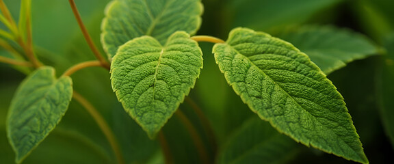 Fototapeta premium Close-up detail of green leaves with blurry background of leaves and branches