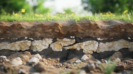 A scientific visualization of soil layers in a natural setting, showing organic decomposition, compacted clay, and mineral deposits. Photorealistic 4K image.