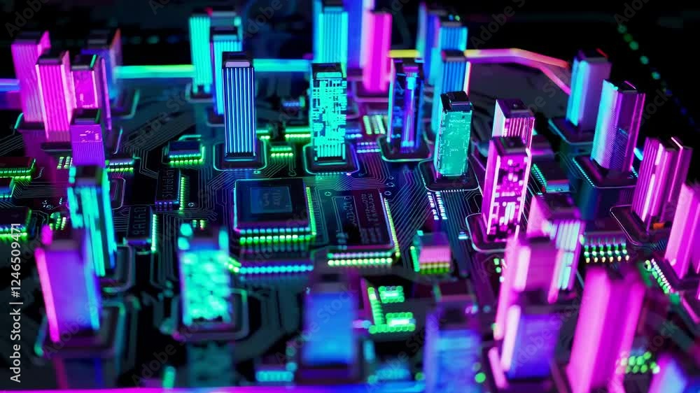 Fototapete exploring a futuristic cityscape represented by a vibrant circuit board illuminated with colorful li