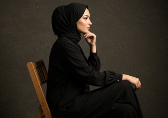 side view muslim woman posing on chair