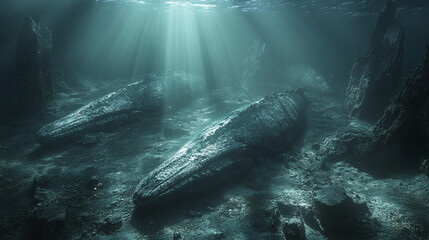 Fototapeta premium Ocean Deep Mysterious Whale Remains Underwater Scene Dark Teal Sea Art Rocks Stone Light Abyss World