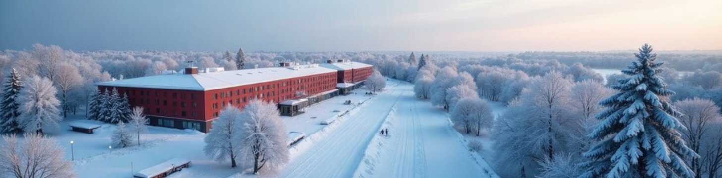 Vladivostok FEFU campus with snow-covered trees and buildings, frost, landscape, frosty mornings