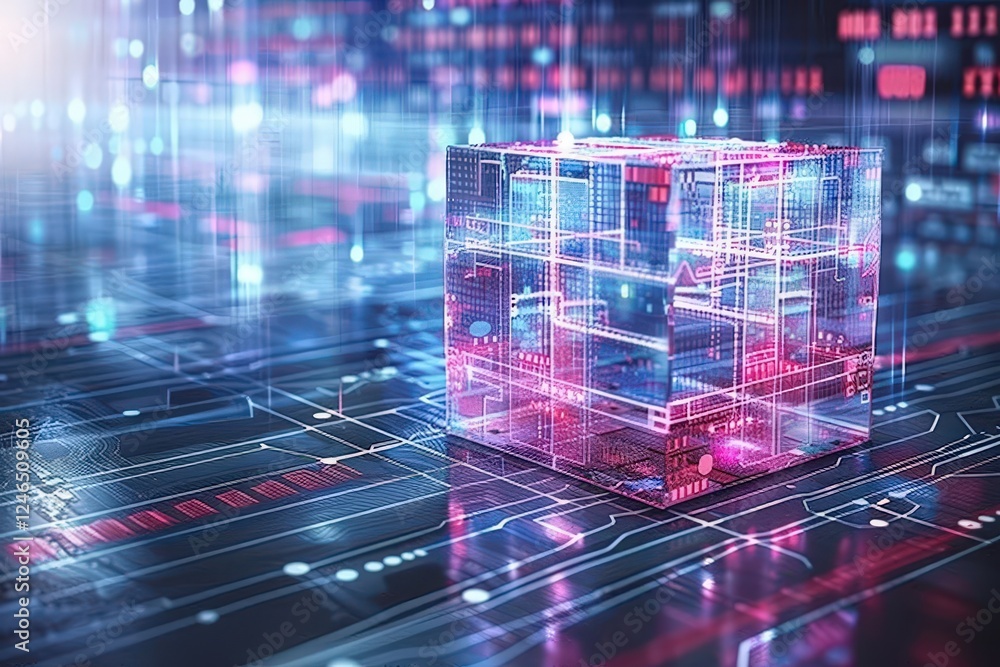 Poster a glowing, transparent cube surrounded by digital circuits and vibrant lights represents advanced te