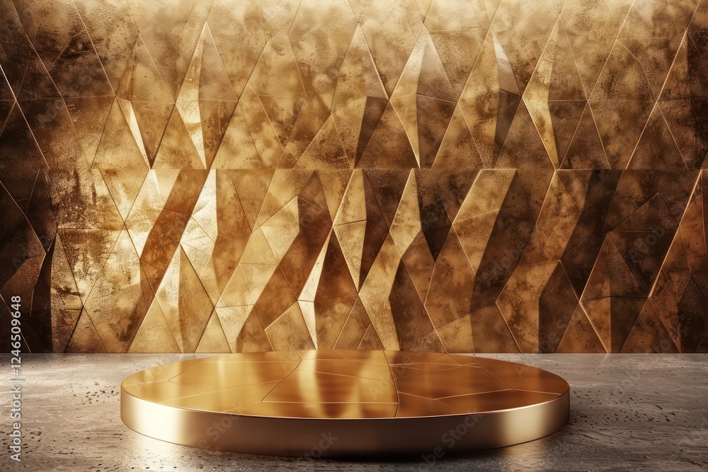 Poster 3d background with a textured wall with voluminous golden triangles and smooth podium geometry patte