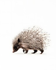 Obraz premium A close-up of a porcupine walking gracefully on a white background, showcasing its quills and texture