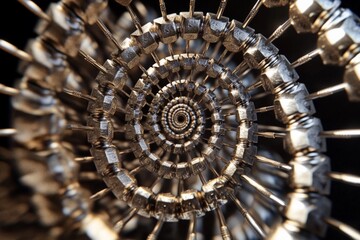 Spiral formation of metallic spikes creates an intriguing visual illusion in modern art installation
