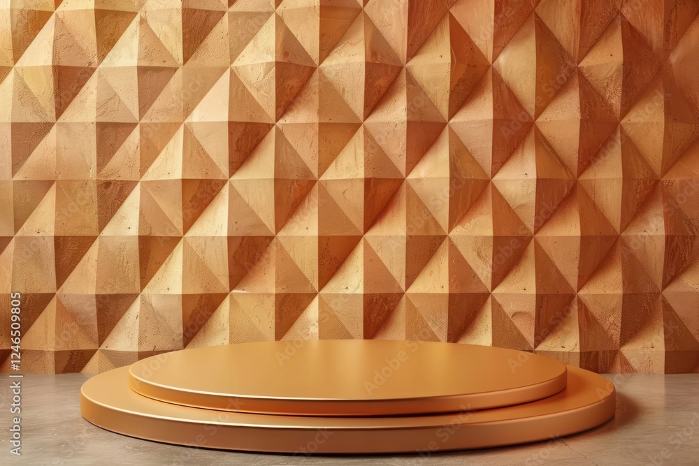 Poster 3d background with a textured wall with voluminous golden triangles and smooth podium geometry patte