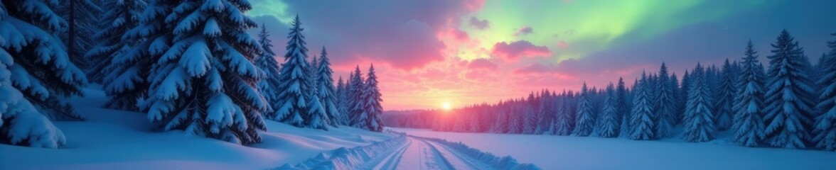 Snowy forest at dawn with aurora boreal lights, frosty atmosphere, frozen world