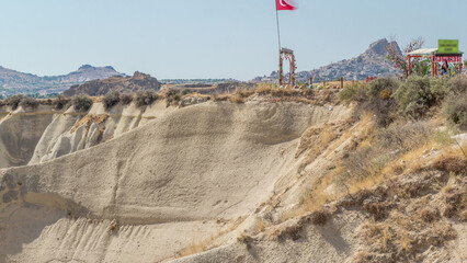 Red Valley and Rose Valley of Goreme of Nevsehir in Cappadocia aerial timelapse, Turkey.