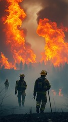 Flames light up the dark sky as firefighters battle a raging wildfire.