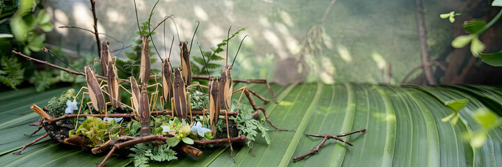 Fototapeta premium Intricate Stick Insect Arrangement on Lush Tropical Foliage
