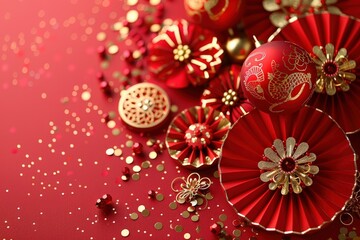 A vibrant arrangement of decorative red and gold ornaments, featuring intricate designs and sparkling details, perfect for festive celebrations.