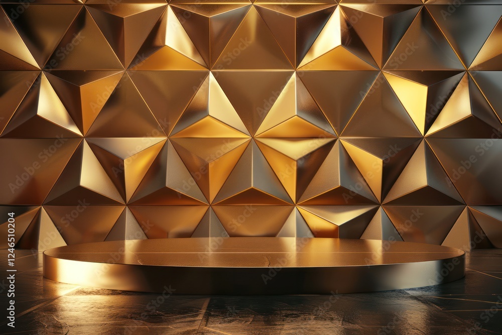 Poster 3d background with a textured wall with voluminous golden triangles and smooth podium geometry patte