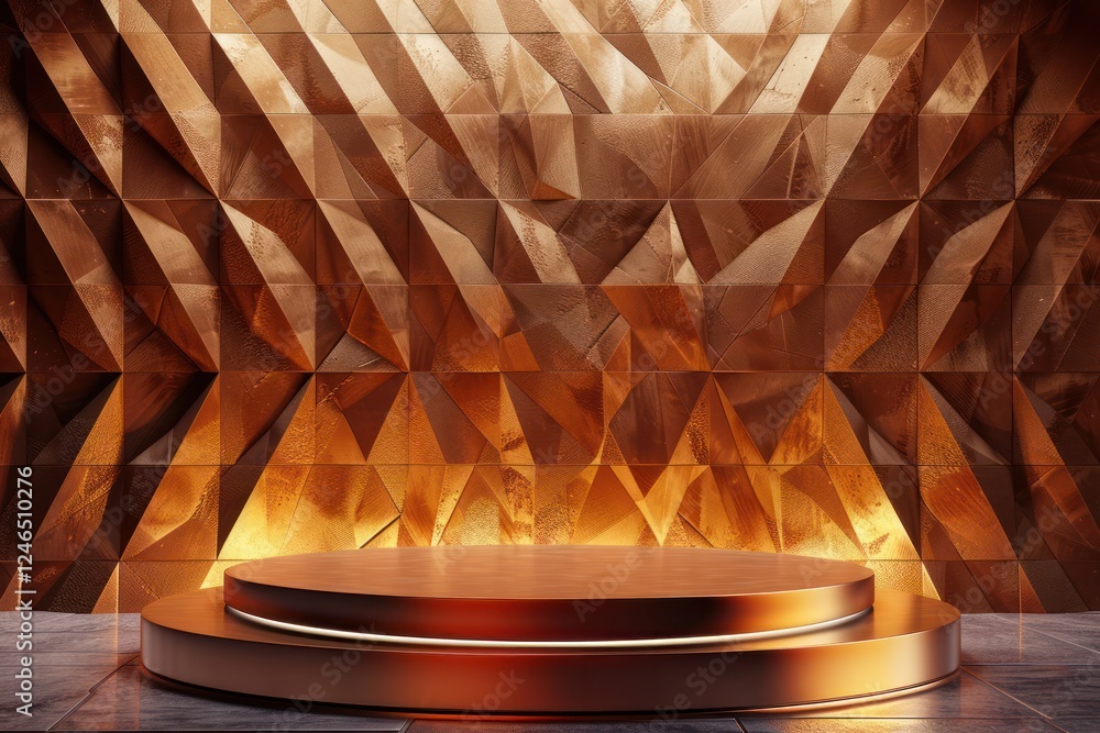 Poster 3d background with a textured wall with voluminous golden triangles and smooth podium geometry patte