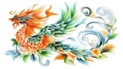 Obraz premium Vibrant Phoenix Watercolor Painting with Floral Accents