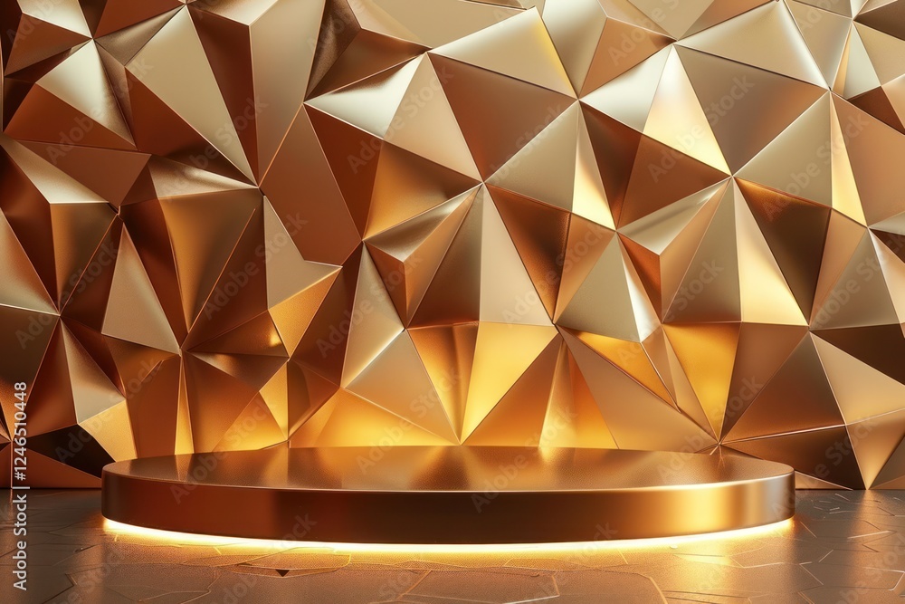 Poster 3d background with a textured wall with voluminous golden triangles and smooth podium geometry patte
