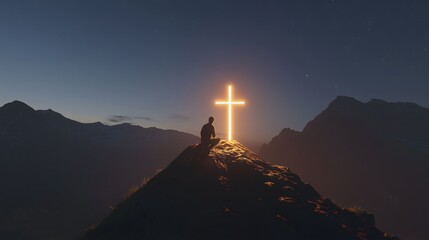 Radiant Luminescent Christian Cross Ascending Mountain Peak During Nocturnal Hours, Representing Spiritual Enlightenment, Divine Guidance, and Symbolic Metaphysical Journey
