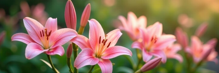 Obraz premium Pastel pink lily flowers blooming in a garden, botanical, gentle