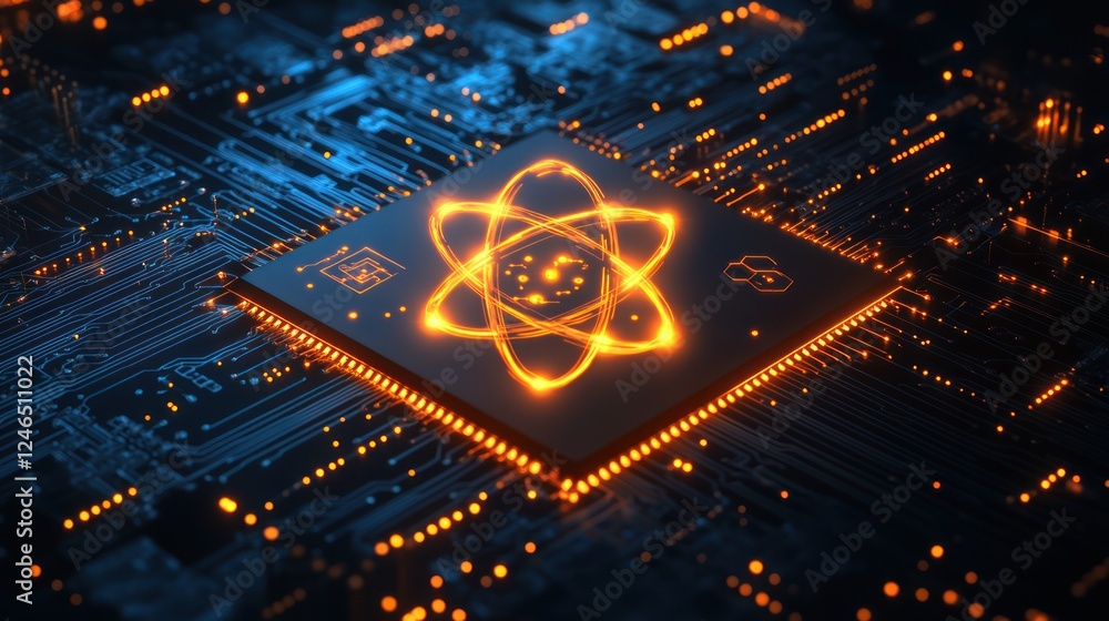 Poster glowing atom symbol on a computer chip.