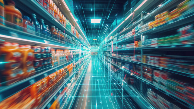 Smart grocery shopping technology capturing natural lighting and dynamic movement, highly detailed and vibrant, realistic yet creative depiction, emphasizing context and action