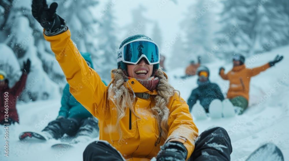 Poster groups of friends sled down a snow covered hill, laughing and enjoying the bright atmosphere while d