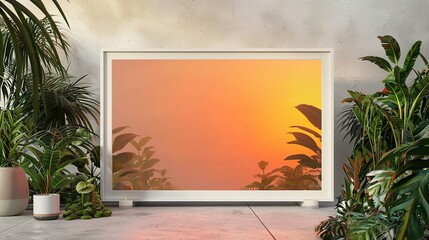 A large white frame with a rectangular artwork, surrounded by plants in a serene room.  HD 8K mockup wallpaper Photographic Image