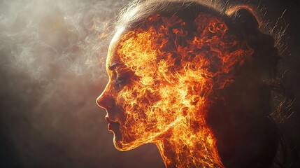 Fiery woman profile, smoky background, artistic concept, ideal for fantasy art