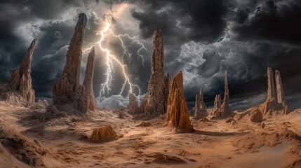 A stormy alien world with towering dark clouds, jagged rock pillars, and violent electrical discharges illuminating the terrain. Ultra-realistic 4K photography