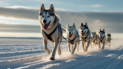 A team of huskies powerfully pull a sled across a snowy landscape, their breath misting in the crisp winter air. The lead dog, a stunning grey and white husky, leads the pack with determination.