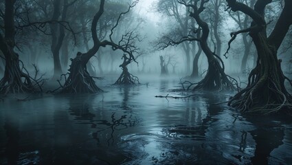 Eerie, misty scene of a swamp with gnarled trees reflected in dark water. The scene is moody, mysterious, and atmospheric.