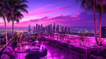 Rooftop party, Los Angeles skyline sunset, vibrant purple lighting, romantic ambiance, event promotion